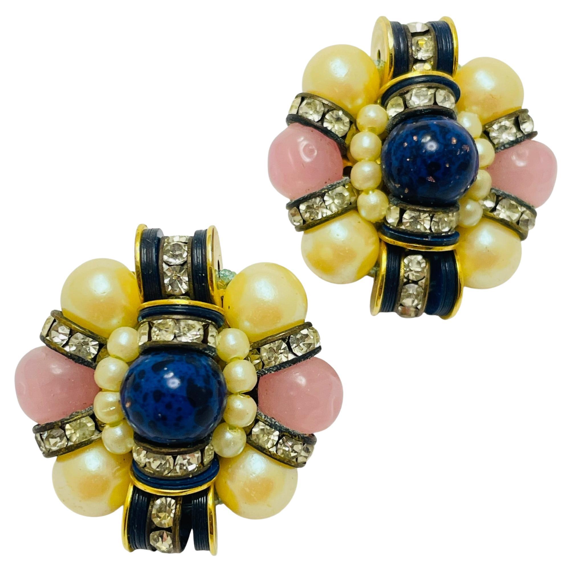 Orecchini a clip d'epoca in oro con perle di quarzo lapis, firmati dalla moda