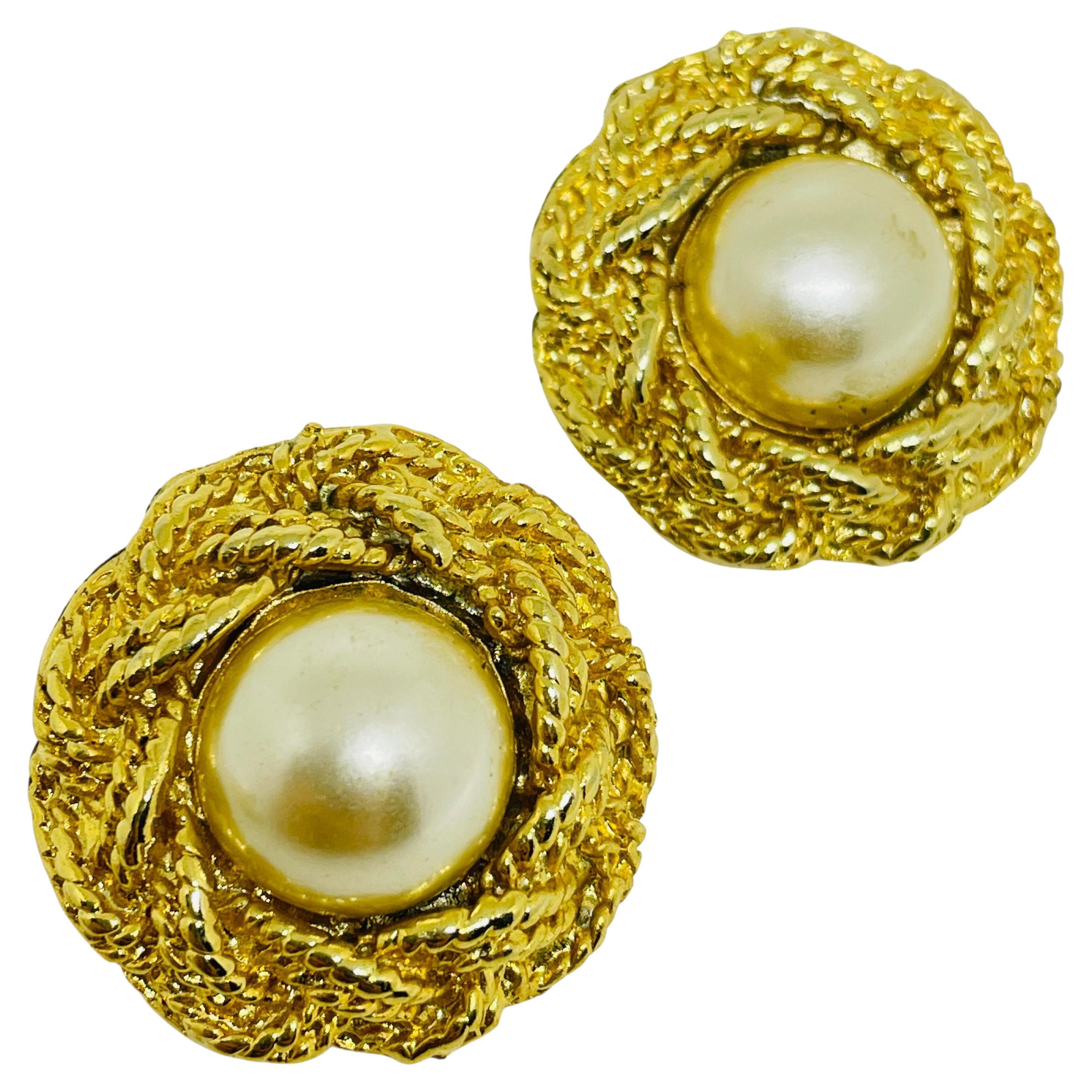 Vintage gold tone faux pearl designer clip on earrings