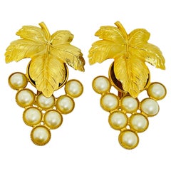 Vintage gold tone faux pearl grapes designer clip on earrings