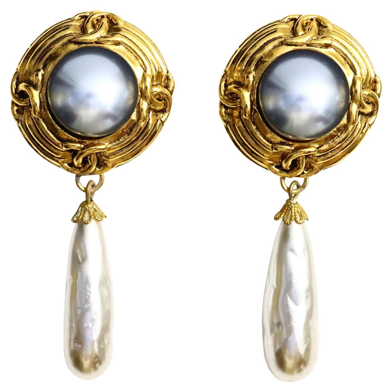 Vintage  FrenchGold Tone Faux Pearl Grey and Ivory Dangling Earrings Circa 1980s For Sale