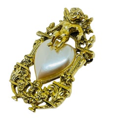 Vintage gold tone faux pearl heart cherub pin brooch