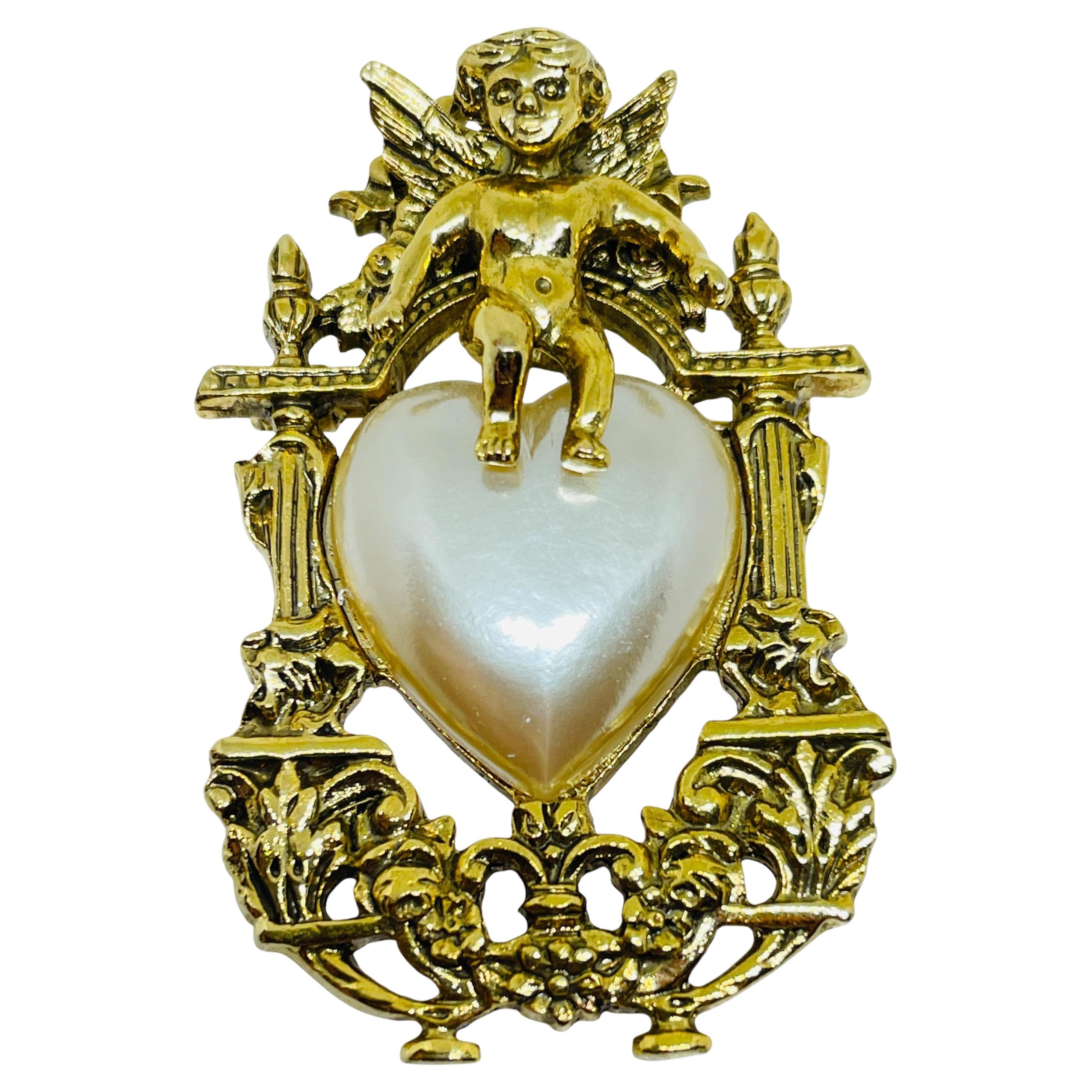 Vintage Gold Ton faux Perle Herz Cherub Pin Brosche