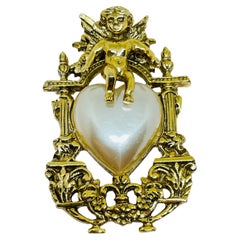 Vintage gold tone faux pearl heart cherub pin brooch
