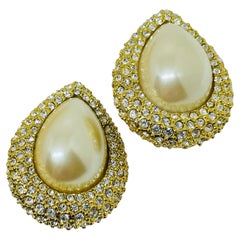 Vintage Gold Ton faux Perle pflastern Strass Designer Clip auf Ohrringe