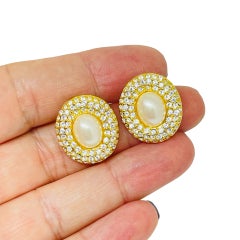 Vintage gold tone faux pearl rhinestones designer pierced earrings