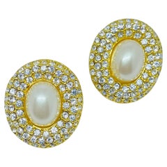 Vintage gold tone faux pearl rhinestones designer pierced earrings
