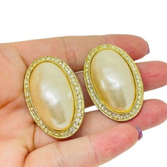 Vintage gold tone faux pearl rhinestones huge designer 80's clip on earrings