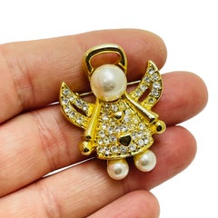 Vintage gold tone faux pearl small angel heart brooch
