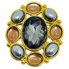Vintage gold tone faux pearls cabochons designer brooch