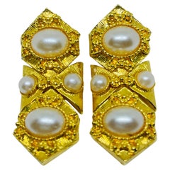 Vintage gold tone faux pearls Etruscan style designer earrings