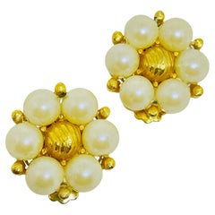 Vintage gold tone faux pearls flower designer clip on earrings