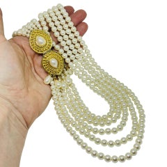 Vintage gold tone faux pearls multi strand designer necklace