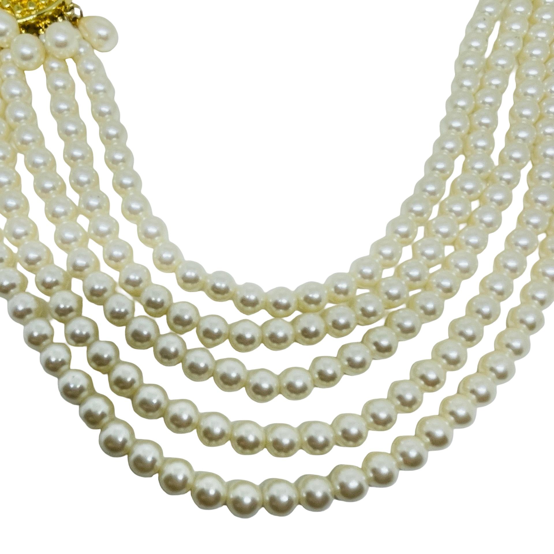 Vintage gold tone faux pearls multi strand designer necklace For Sale ...