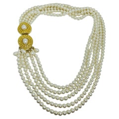 Vintage gold tone faux pearls multi strand designer necklace