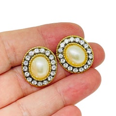 Vintage gold tone faux pearls rhinestones designer pierced earrings