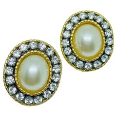 Vintage gold tone faux pearls rhinestones designer pierced earrings