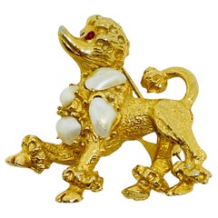 Vintage gold tone faux pearls rhinestones poodle dog figural designer brooch
