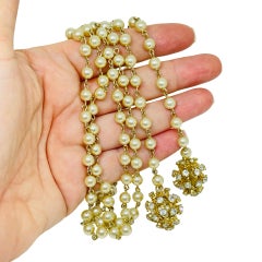 Vintage gold tone faux pearls rhinestones sputnik balls lariat designer necklace