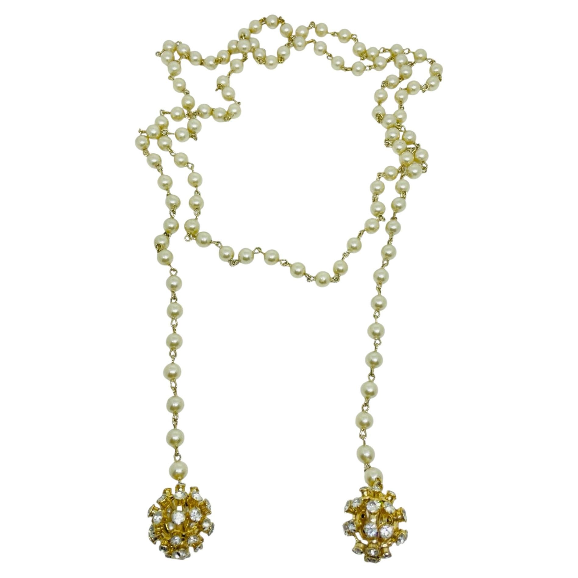 Vintage Gold Ton faux Perlen Strass Sputnik Kugeln Lariat Designer Halskette im Angebot