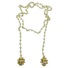 Vintage gold tone faux pearls rhinestones sputnik balls lariat designer necklace