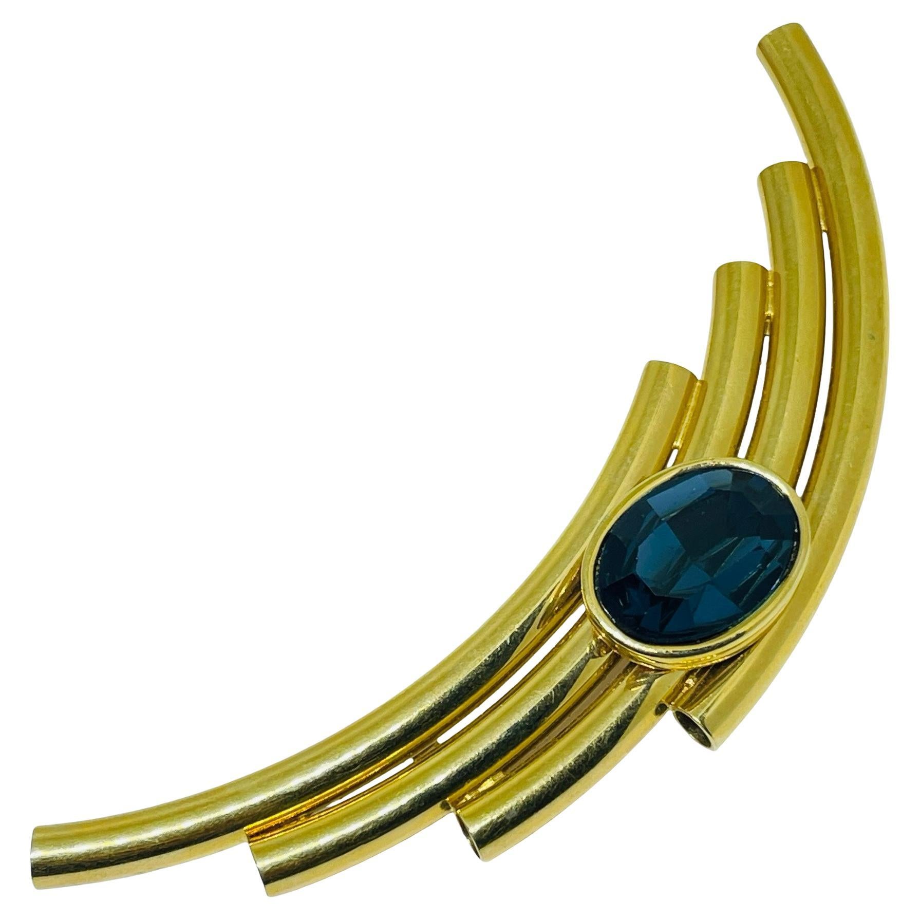 Vintage Gold Ton faux Saphir modernistischen Designer Brosche im Angebot