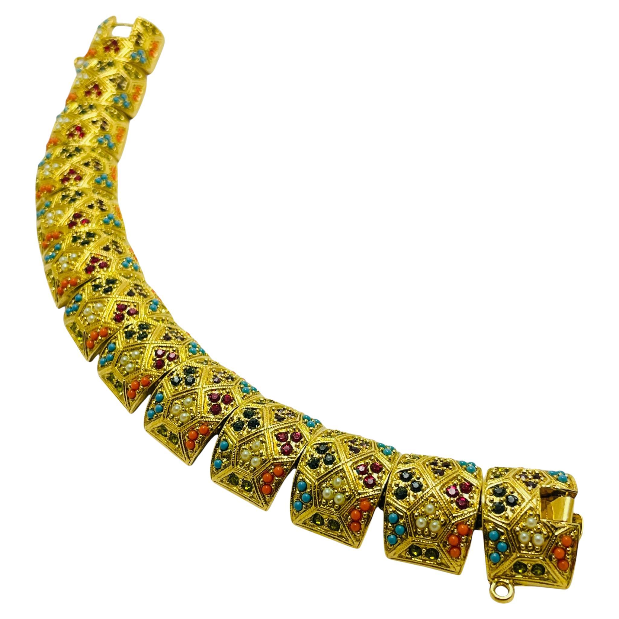 Vintage gold tone faux sapphire ruby turquoise coral pearl designer bracelet