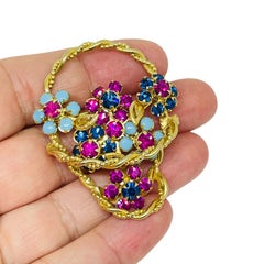 Vintage gold tone faux sapphire ruby turquoise flower basket designer brooch