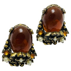 Vintage gold tone faux stones screw back earrings