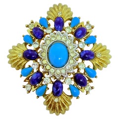 Vintage gold tone faux turquoise amethyst maltese cross designer runway brooch