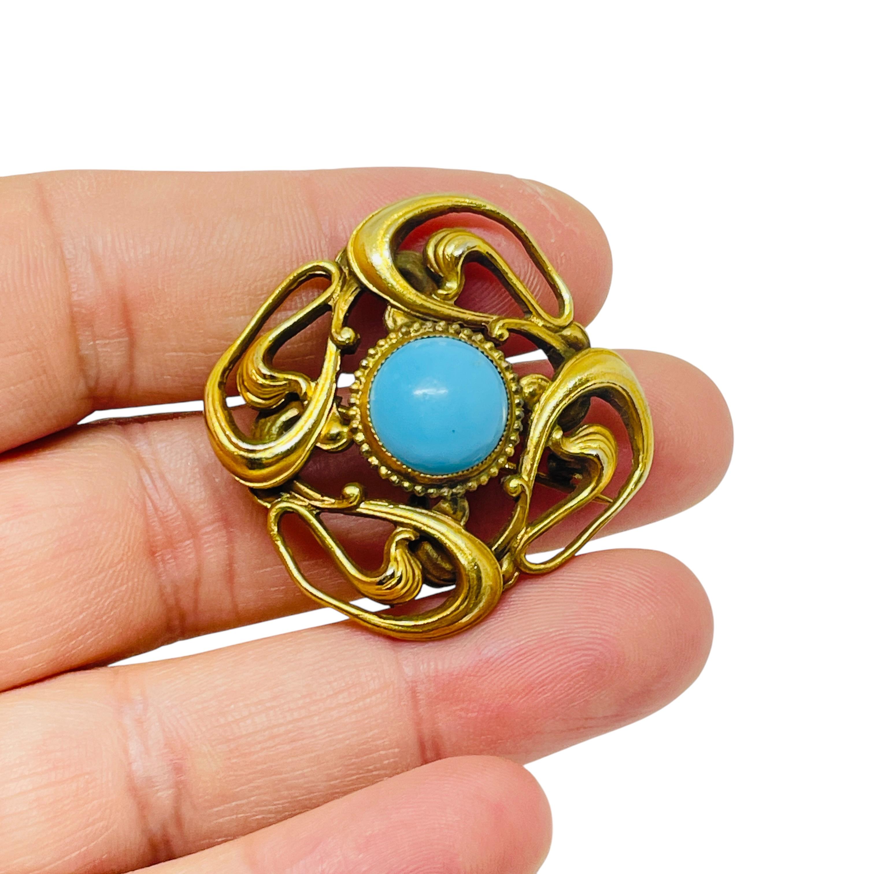 Women's Vintage gold tone faux turquoise designer brooch For Sale