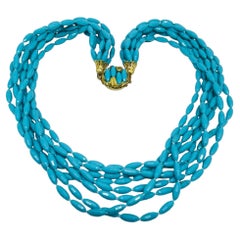 Vintage gold tone faux turquoise multi strand beaded 1970's necklace