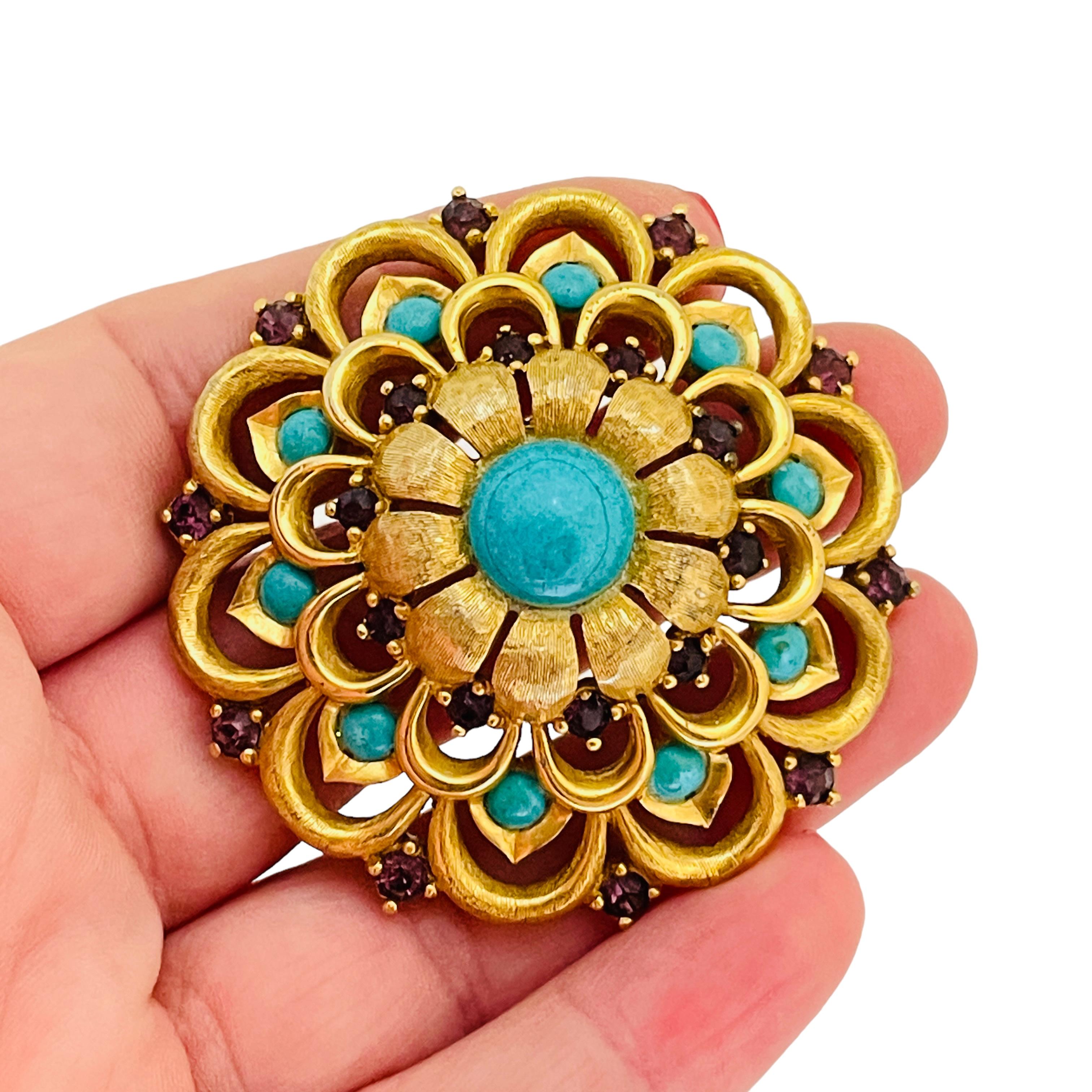 Women's or Men's Vintage gold tone faux turquoise rhinestone brooch  For Sale