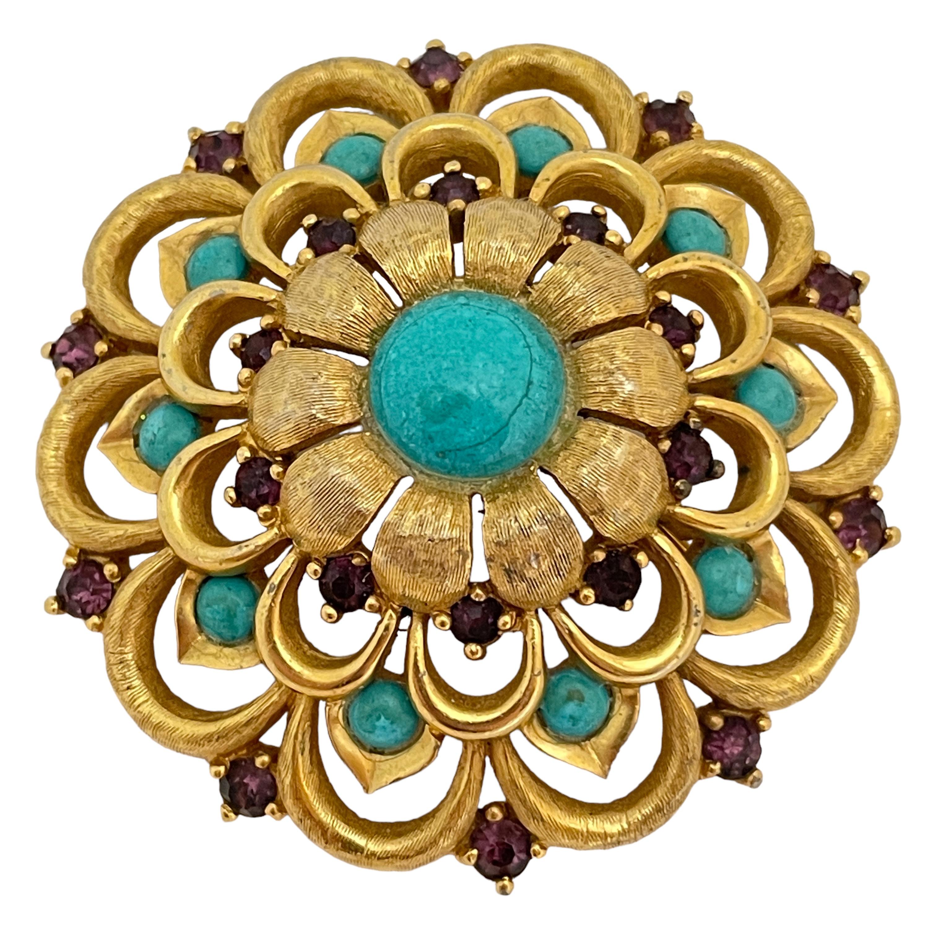 Vintage gold tone faux turquoise rhinestone brooch  For Sale