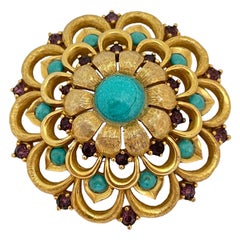 Vintage gold tone faux turquoise rhinestone brooch 