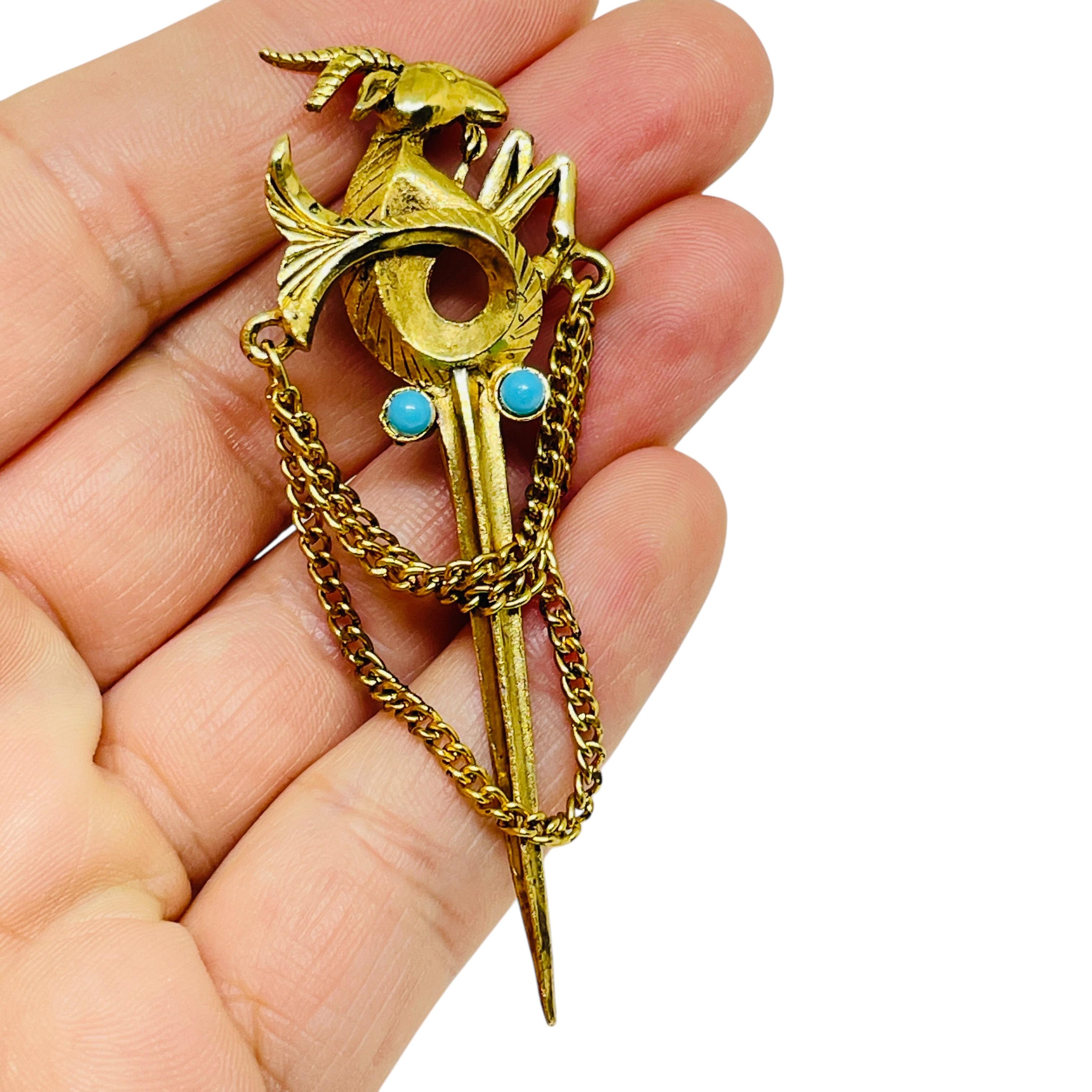 Women's Vintage gold tone faux turquoise unique brooch For Sale