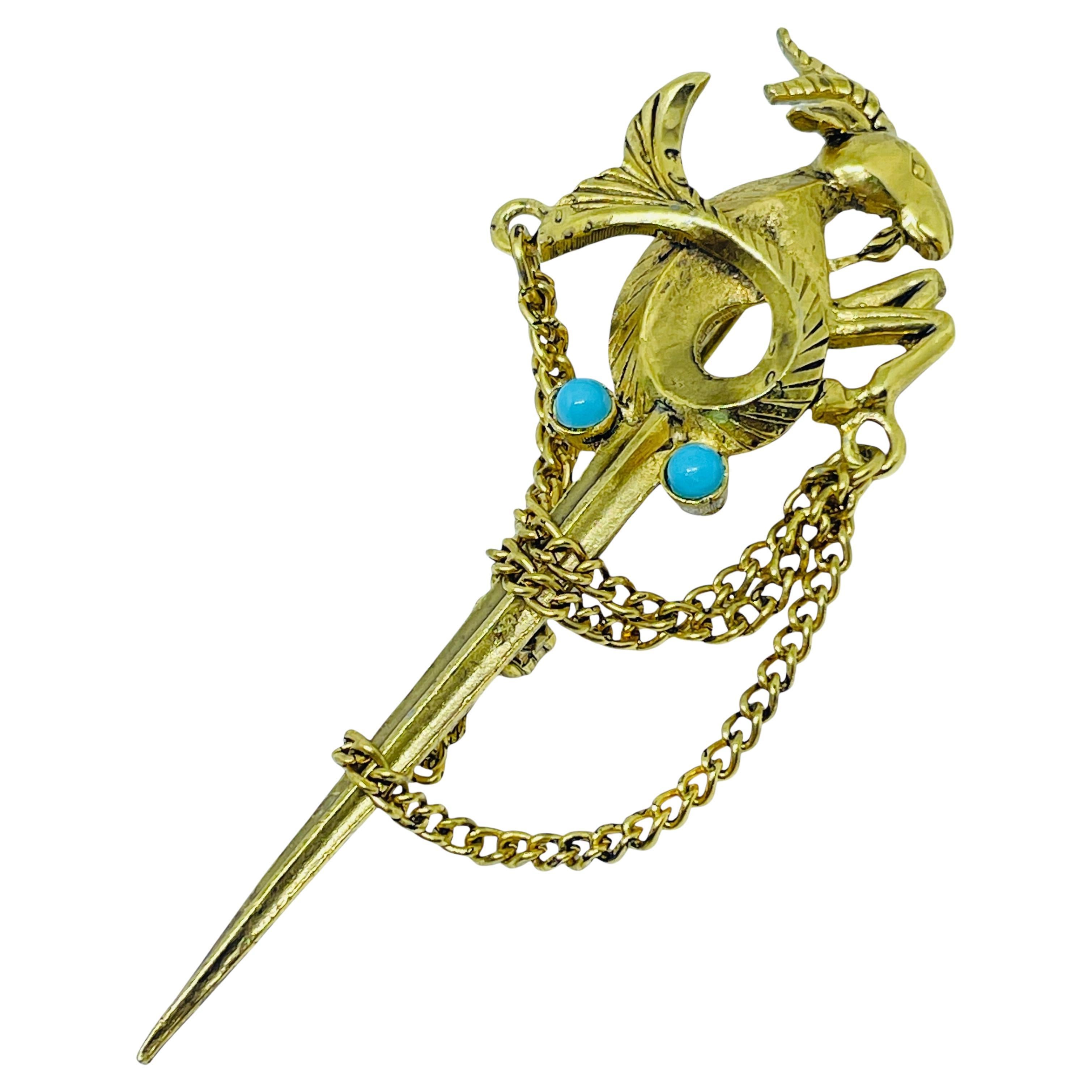 Vintage gold tone faux turquoise unique brooch