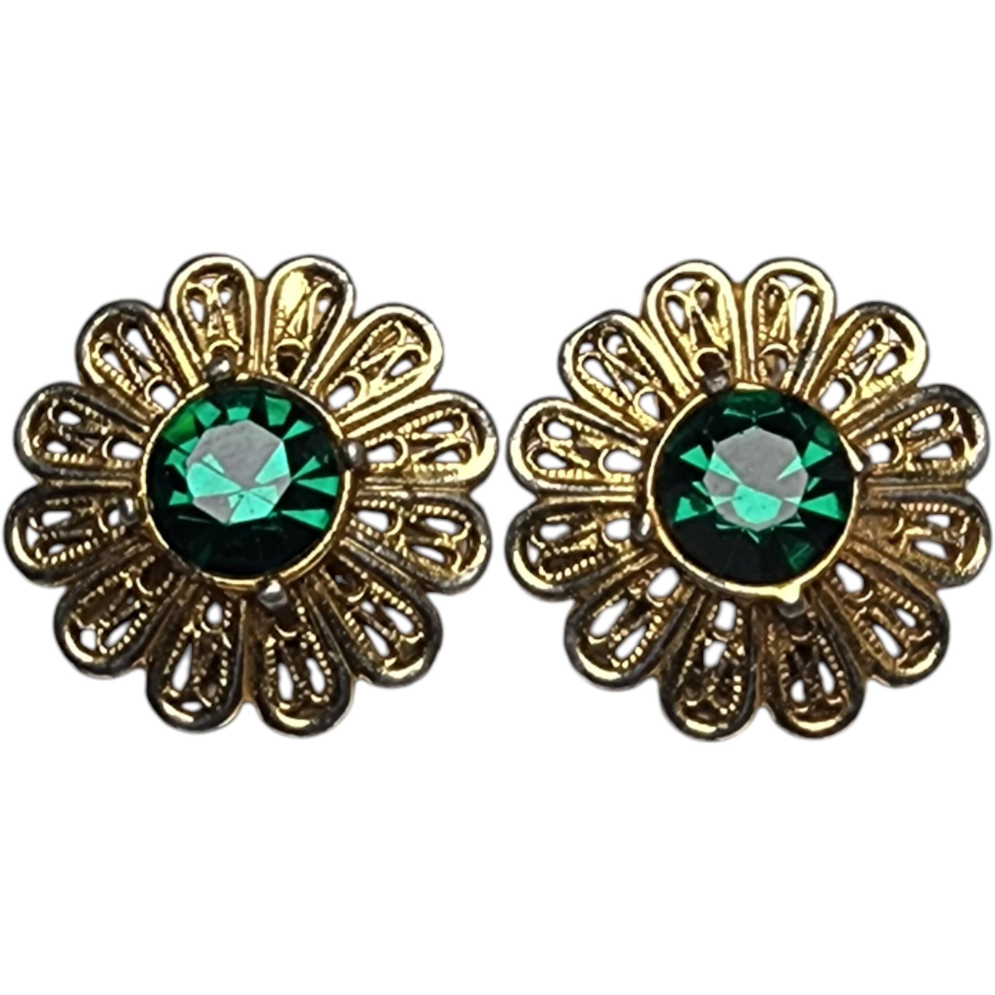 Orecchini a clip in filigrana d
oro vintage con fiore verde e cristallo