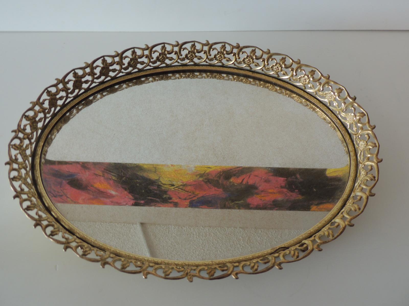 Art Deco Vintage Gold Tone Filigree Oval Brass Vanity Tray with Mirror