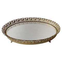Vintage Gold Tone Filigree Oval Brass Vanity Tray with Mirror