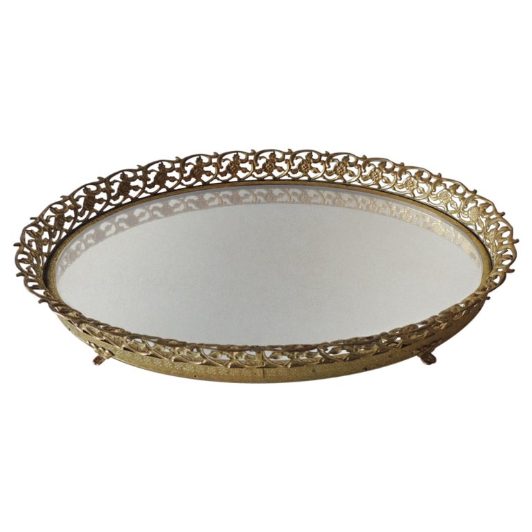Large Gold Vintage French Filigree Oval, Oval Vanity Mirror Tray Gold