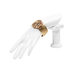 Vintage Gold Tone Cuff Bracelet with Diamante & Faux Opal, 1980s