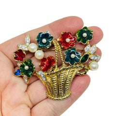 Vintage gold tone flower basket enamel pearls rhinestones designer brooch
