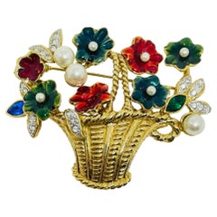 Vintage gold tone flower basket enamel pearls rhinestones designer brooch
