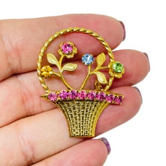 Vintage gold tone flower basket rhinestones designer brooch