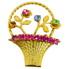 Vintage Goldton Blume Korb Strass Designer Brosche