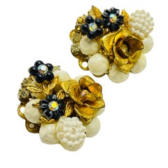 Vintage gold tone flower cluster beaded designer clip on earrings