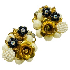 Vintage gold tone flower cluster beaded designer clip on earrings