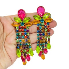 Vintage gold tone fruit salad colorful glass designer waterfall clip on earrings