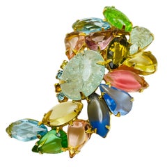 Ensemble broche et boucles d'oreilles design vintage en verre salade fruitier de couleur dorée