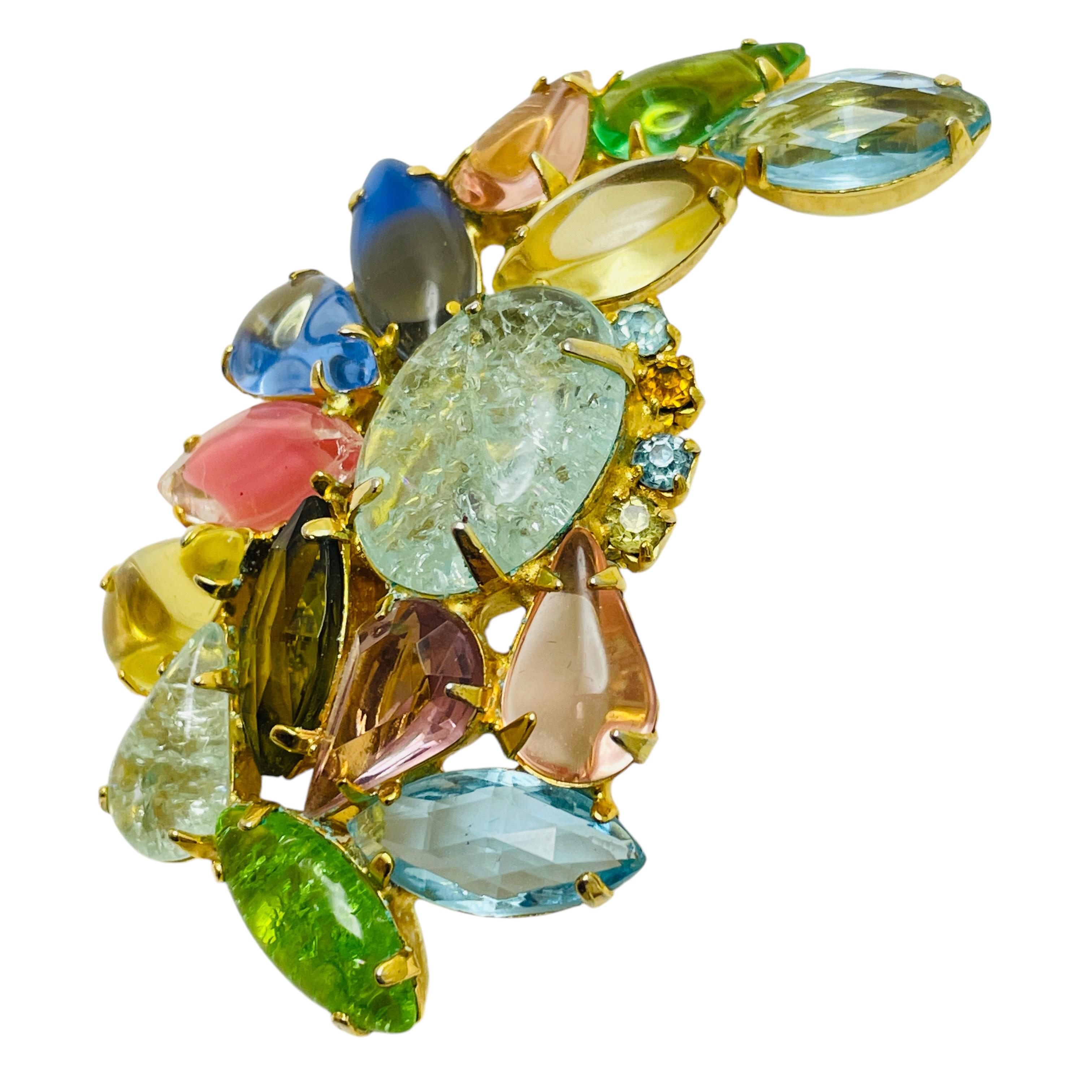 Vintage gold tone fruit salad glass designer earrings brooch set In Good Condition For Sale In Palos Hills, IL